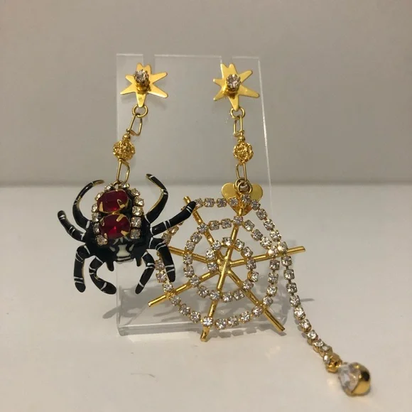 Lunch At The Ritz Gold And Black Crystal Spider Spiderweb Dangle Earrings - Picture 3 of 8